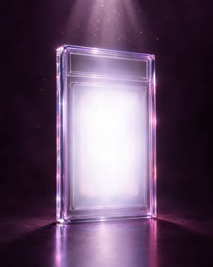 A clear graded-card case lit from within, its card hidden by light